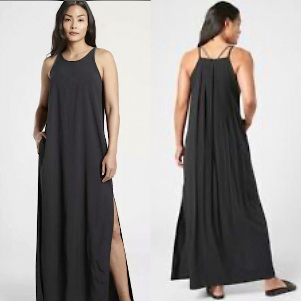 Athleta Hayes Black Pleated Maxi Dress